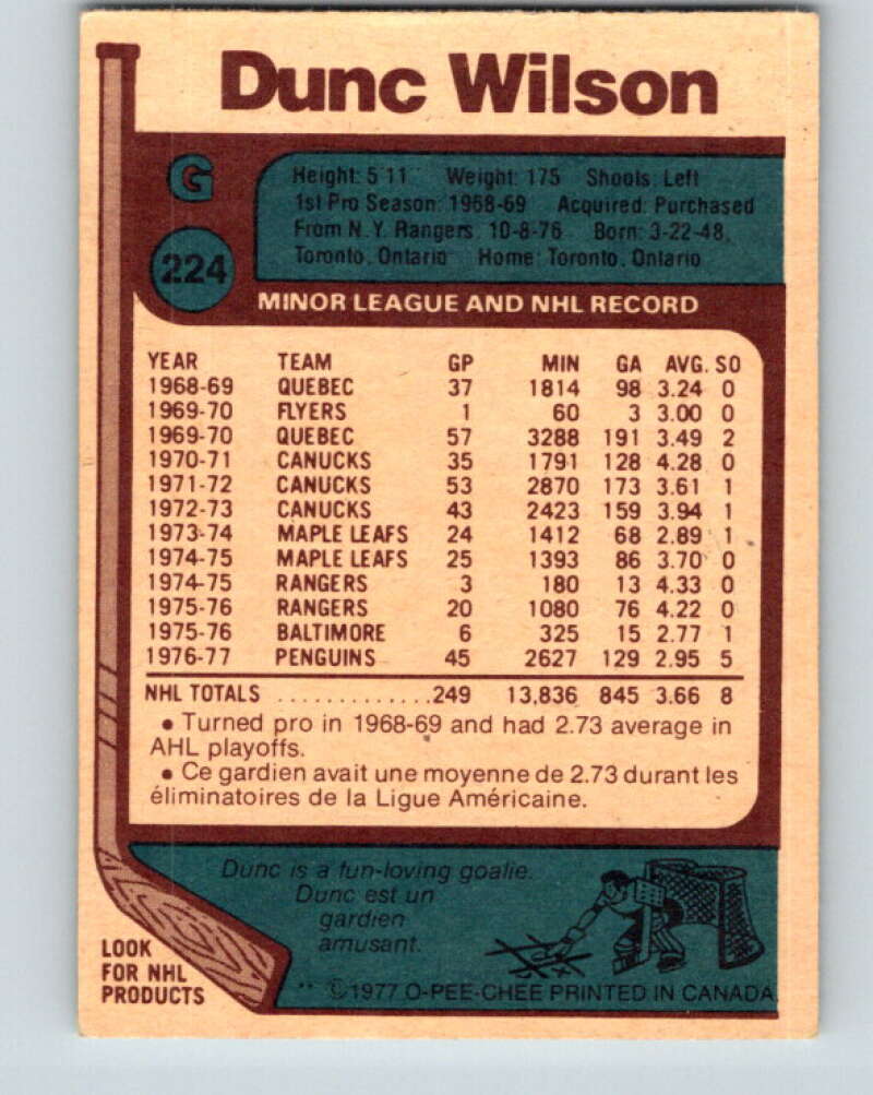 1977-78 O-Pee-Chee #224 Dunc Wilson Pittsburgh Penguins V14523
