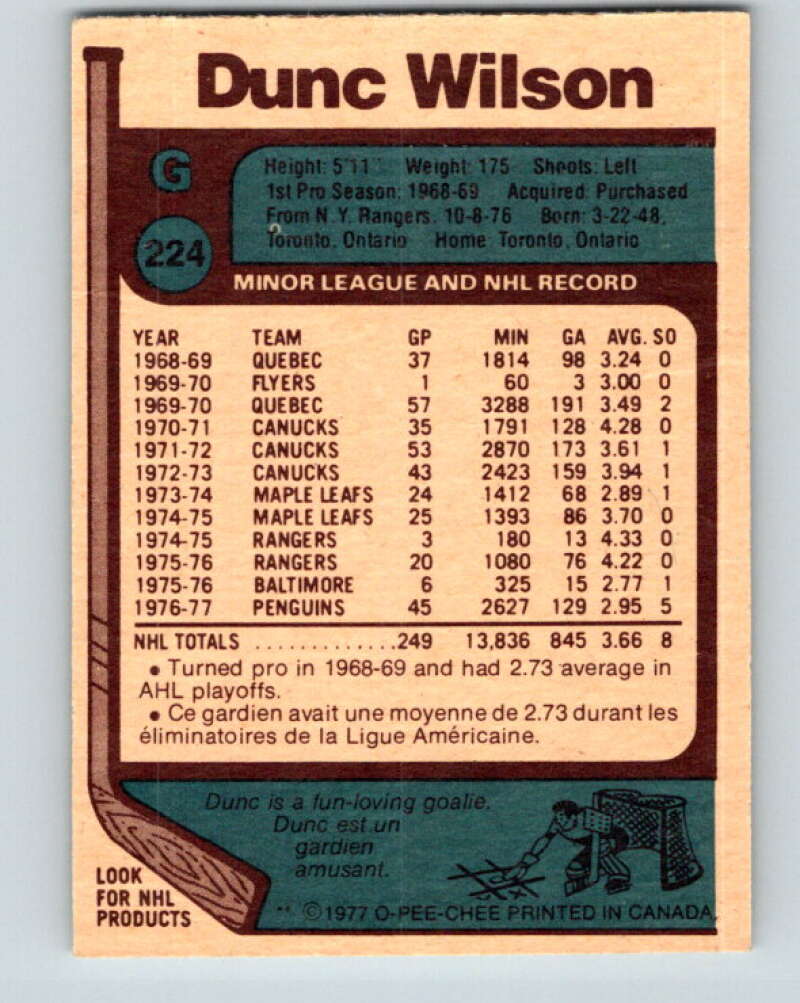1977-78 O-Pee-Chee #224 Dunc Wilson Pittsburgh Penguins V14524