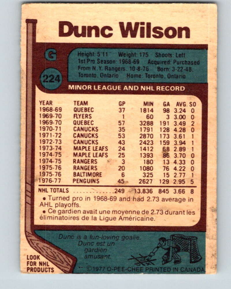 1977-78 O-Pee-Chee #224 Dunc Wilson Pittsburgh Penguins V14525