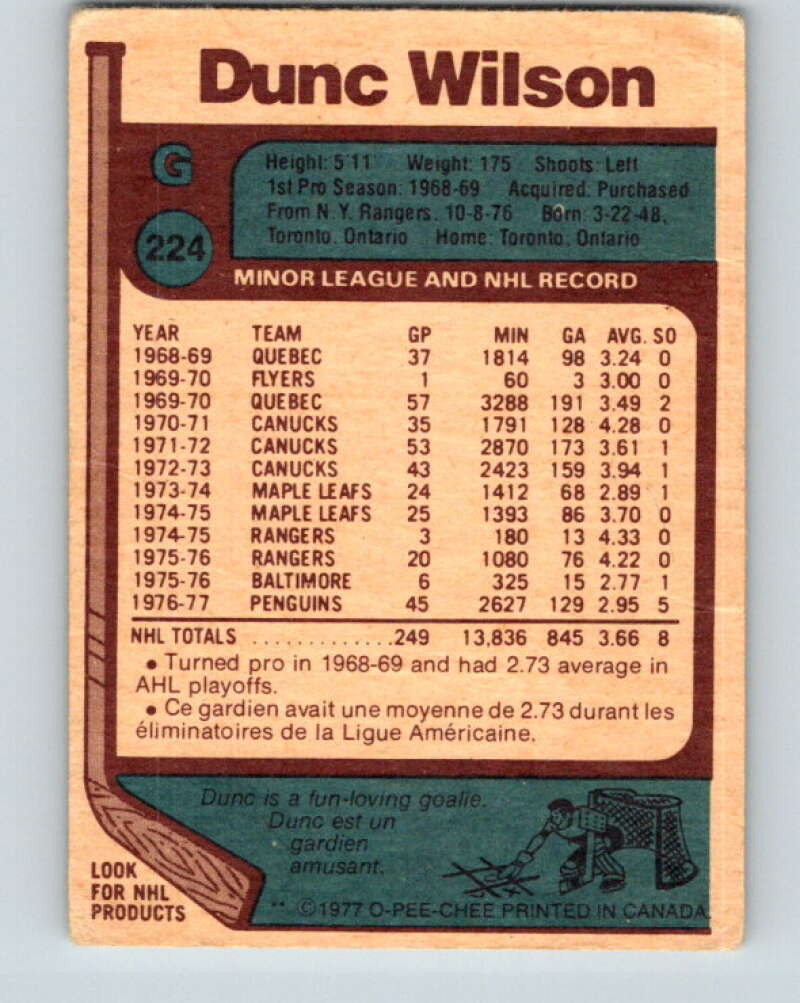 1977-78 O-Pee-Chee #224 Dunc Wilson Pittsburgh Penguins V14527