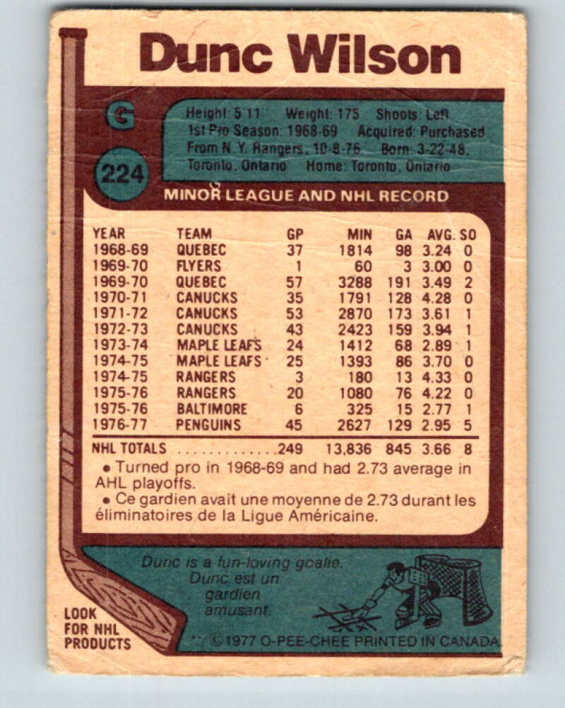 1977-78 O-Pee-Chee #224 Dunc Wilson Pittsburgh Penguins V14529
