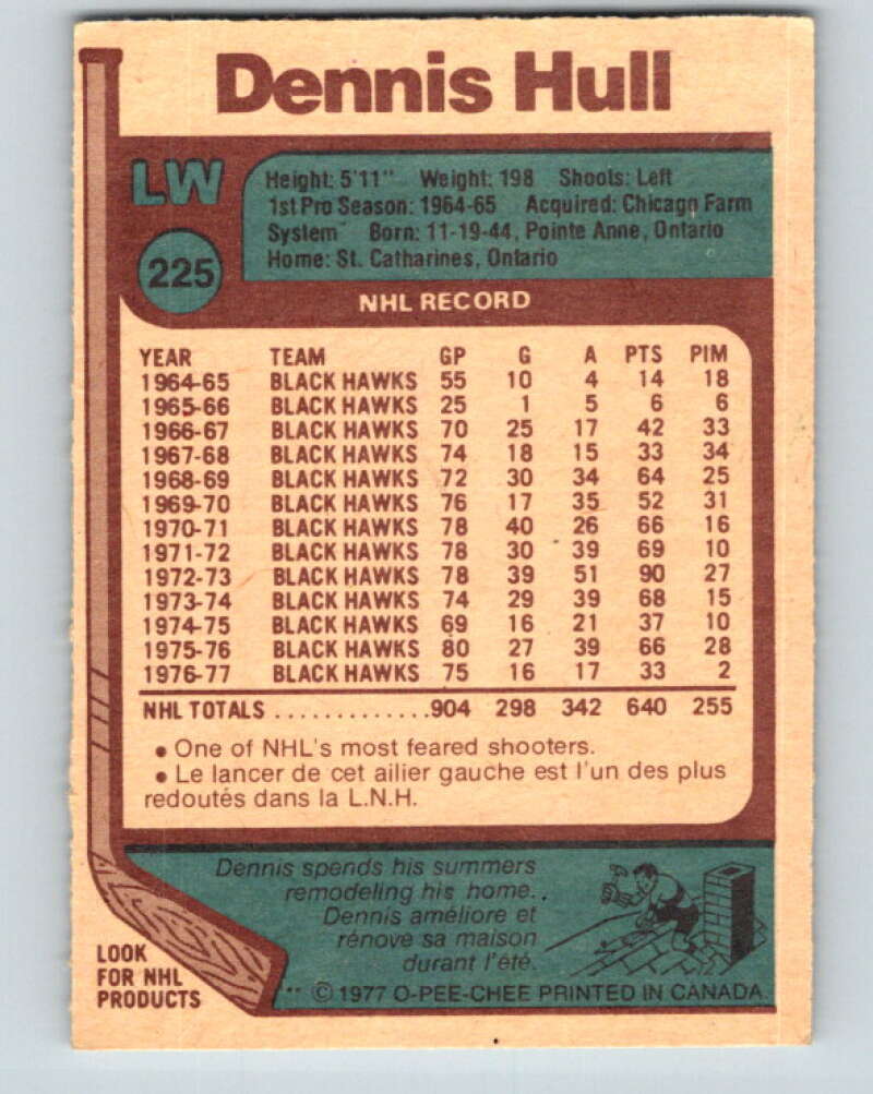 1977-78 O-Pee-Chee #225 Dennis Hull Chicago Blackhawks V14530