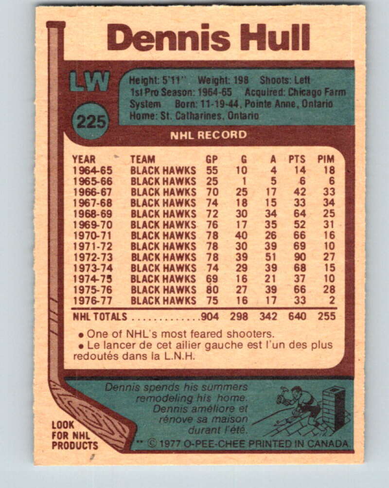 1977-78 O-Pee-Chee #225 Dennis Hull Chicago Blackhawks V14534