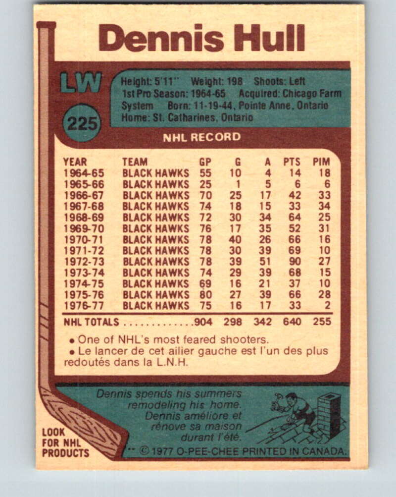 1977-78 O-Pee-Chee #225 Dennis Hull Chicago Blackhawks V14535