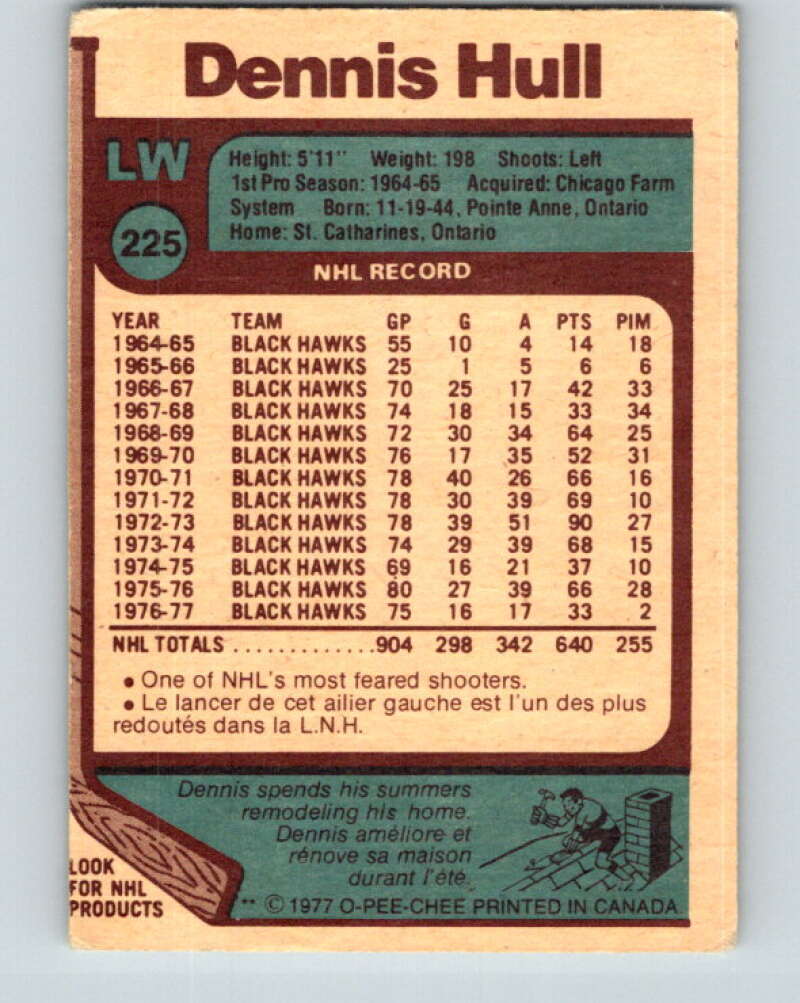 1977-78 O-Pee-Chee #225 Dennis Hull Chicago Blackhawks V14536