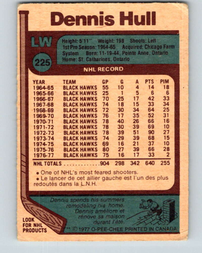 1977-78 O-Pee-Chee #225 Dennis Hull Chicago Blackhawks V14539