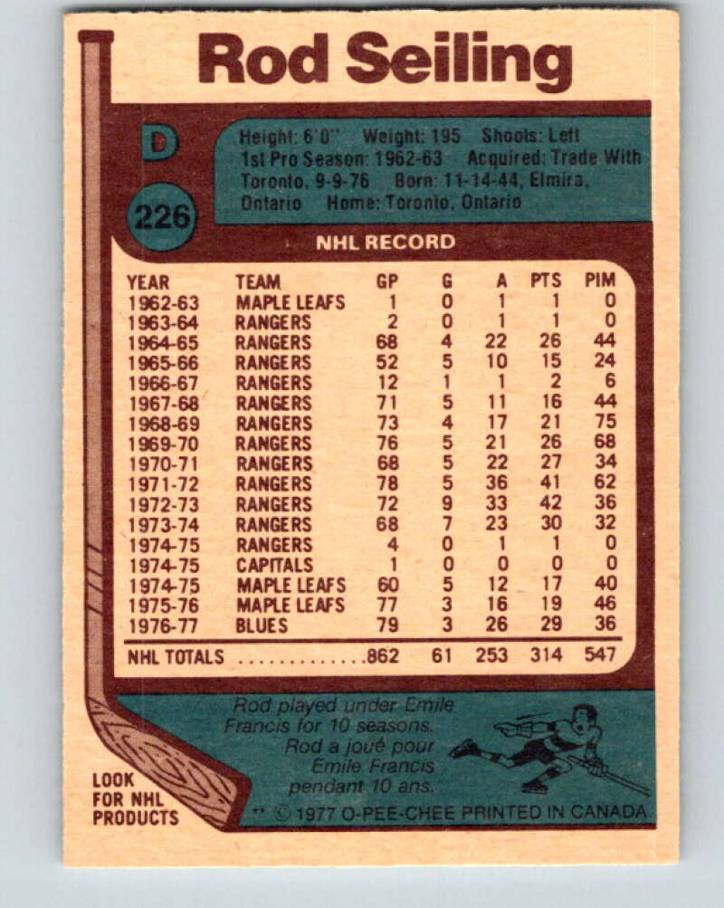 1977-78 O-Pee-Chee #226 Rod Seiling St. Louis Blues V14542