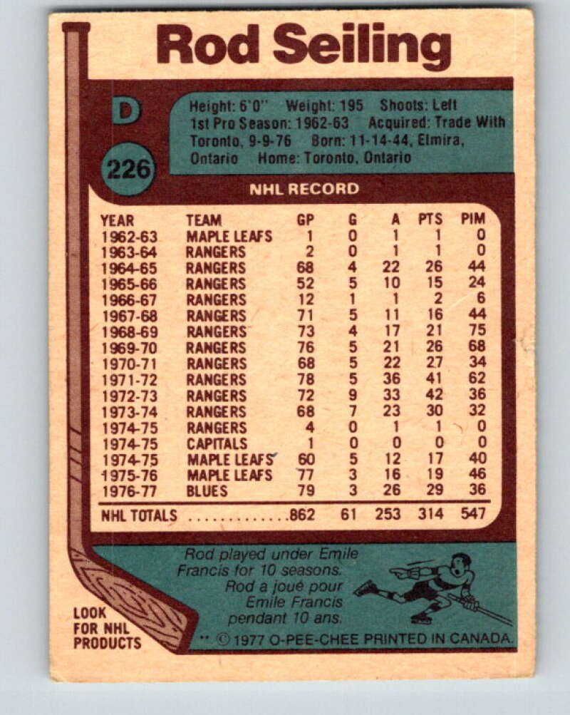 1977-78 O-Pee-Chee #226 Rod Seiling St. Louis Blues V14543