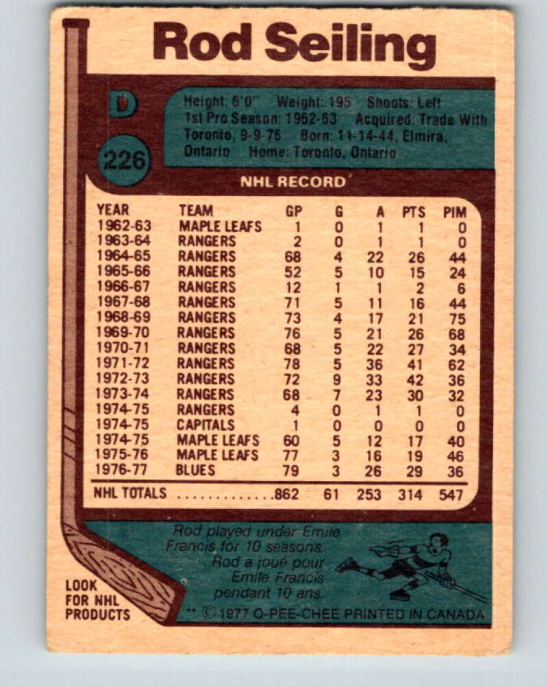 1977-78 O-Pee-Chee #226 Rod Seiling St. Louis Blues V14544