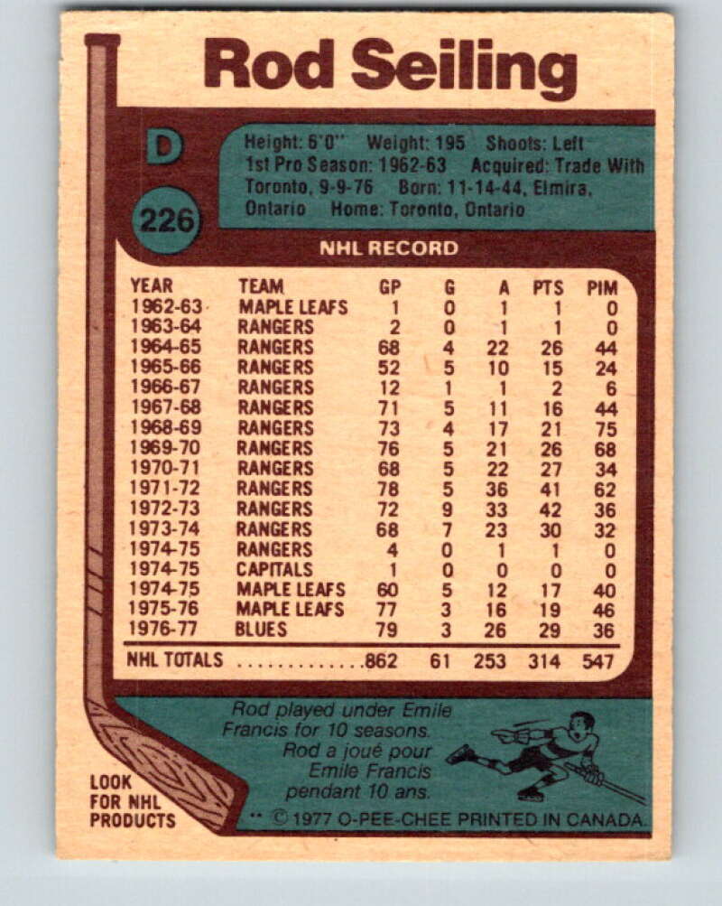 1977-78 O-Pee-Chee #226 Rod Seiling St. Louis Blues V14545
