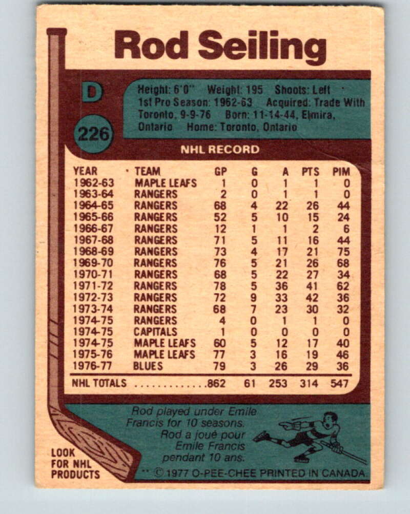 1977-78 O-Pee-Chee #226 Rod Seiling St. Louis Blues V14546
