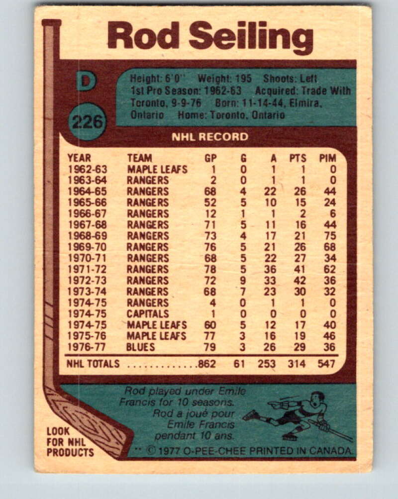 1977-78 O-Pee-Chee #226 Rod Seiling St. Louis Blues V14547