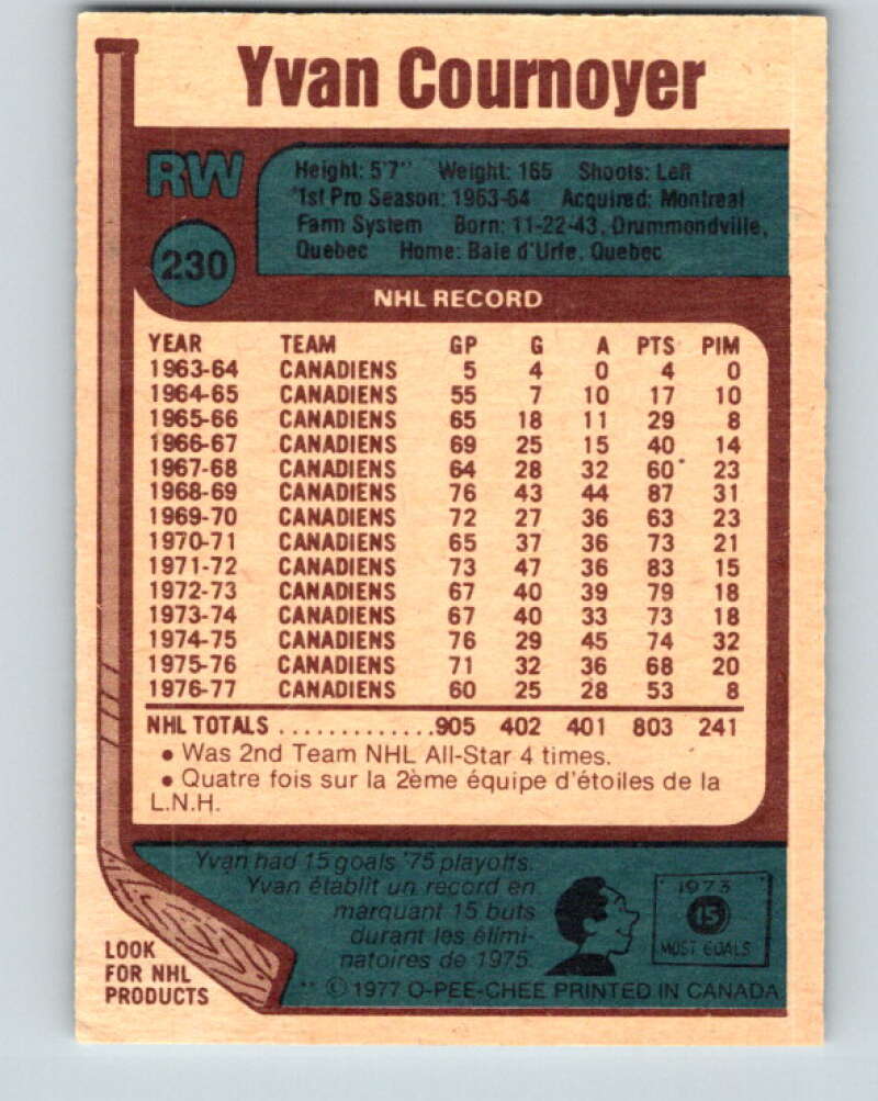 1977-78 O-Pee-Chee #230 Yvan Cournoyer Montreal Canadiens V14569