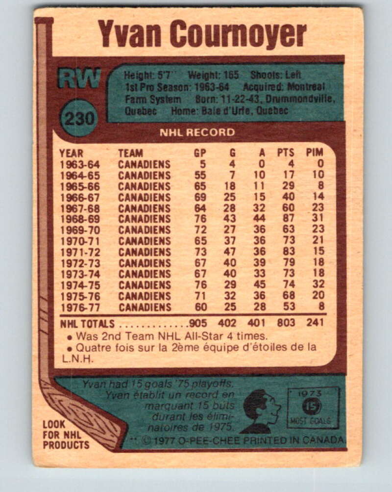 1977-78 O-Pee-Chee #230 Yvan Cournoyer Montreal Canadiens V14571