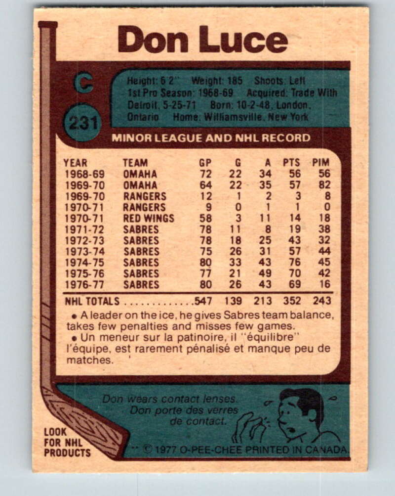 1977-78 O-Pee-Chee #231 Don Luce Buffalo Sabres V14574