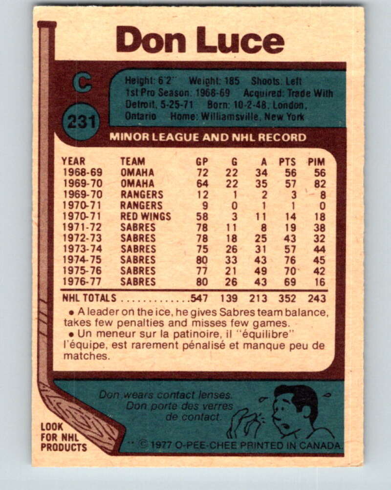 1977-78 O-Pee-Chee #231 Don Luce Buffalo Sabres V14575