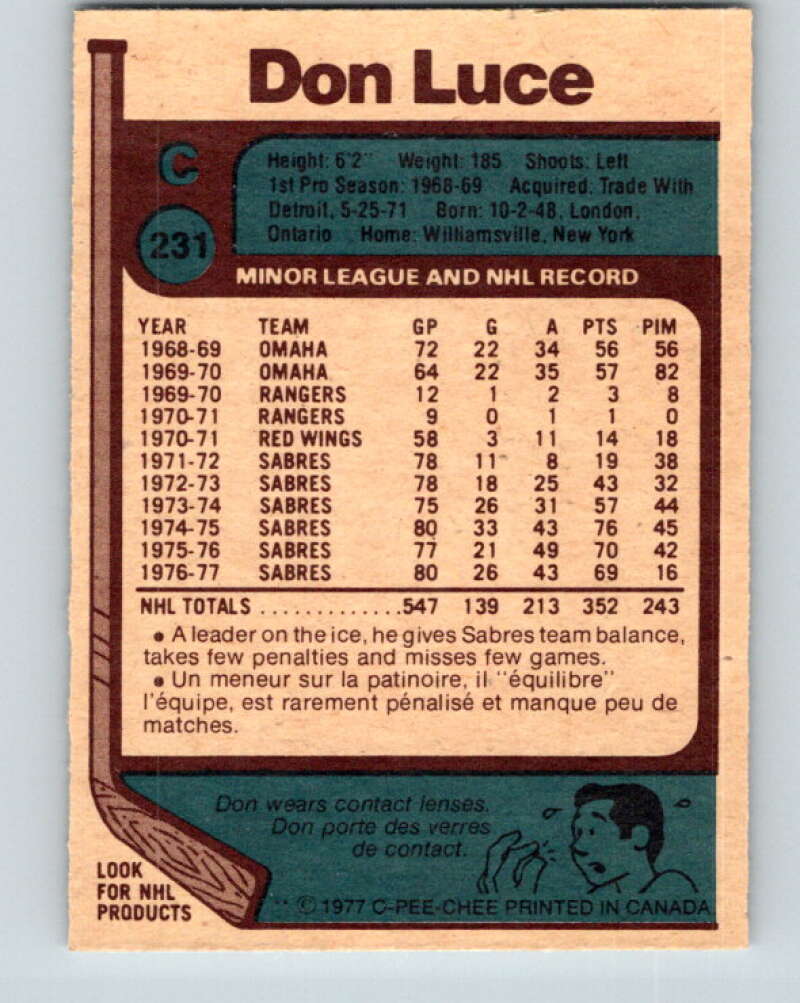 1977-78 O-Pee-Chee #231 Don Luce Buffalo Sabres V14576