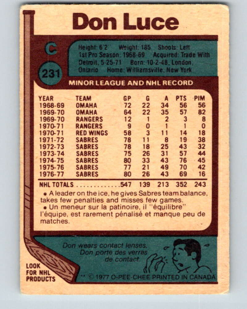 1977-78 O-Pee-Chee #231 Don Luce Buffalo Sabres V14577