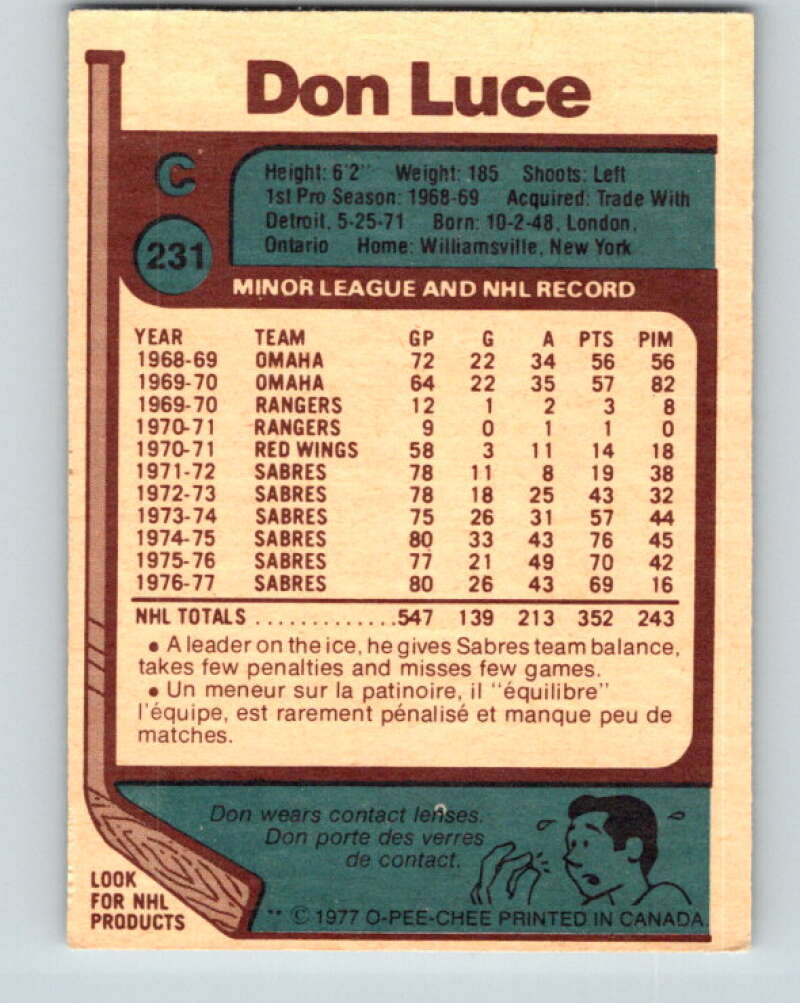 1977-78 O-Pee-Chee #231 Don Luce Buffalo Sabres V14578