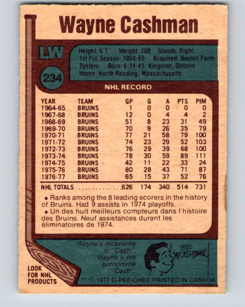 1977-78 O-Pee-Chee #234 Wayne Cashman Boston Bruins V14594