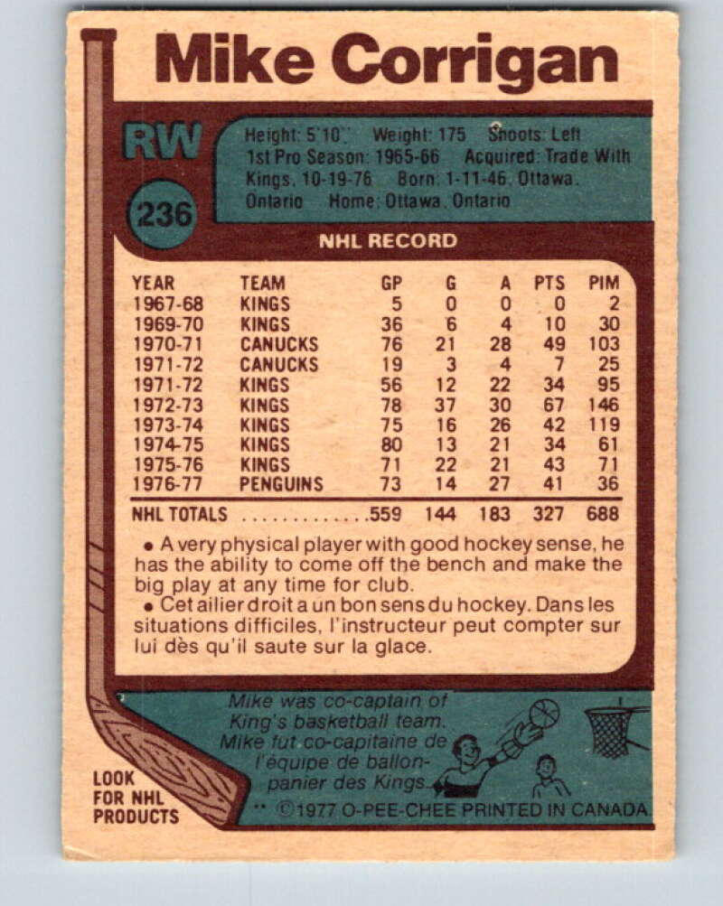 1977-78 O-Pee-Chee #236 Mike Corrigan Pittsburgh Penguins V14609