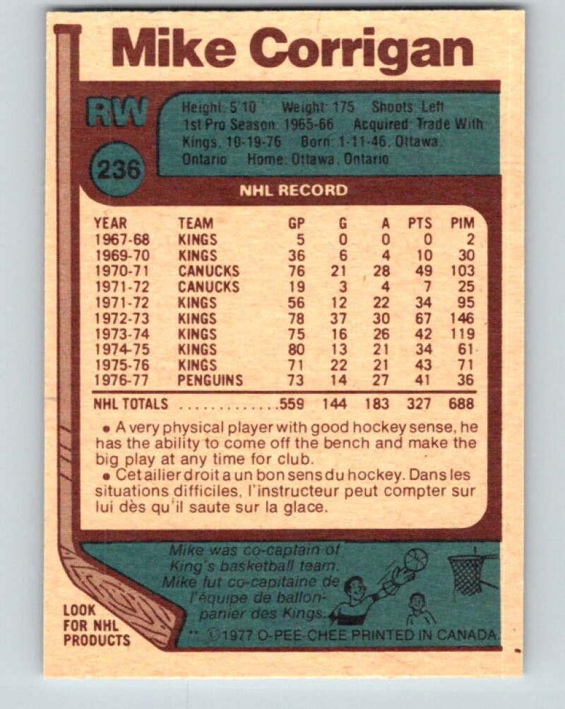 1977-78 O-Pee-Chee #236 Mike Corrigan Pittsburgh Penguins V14610