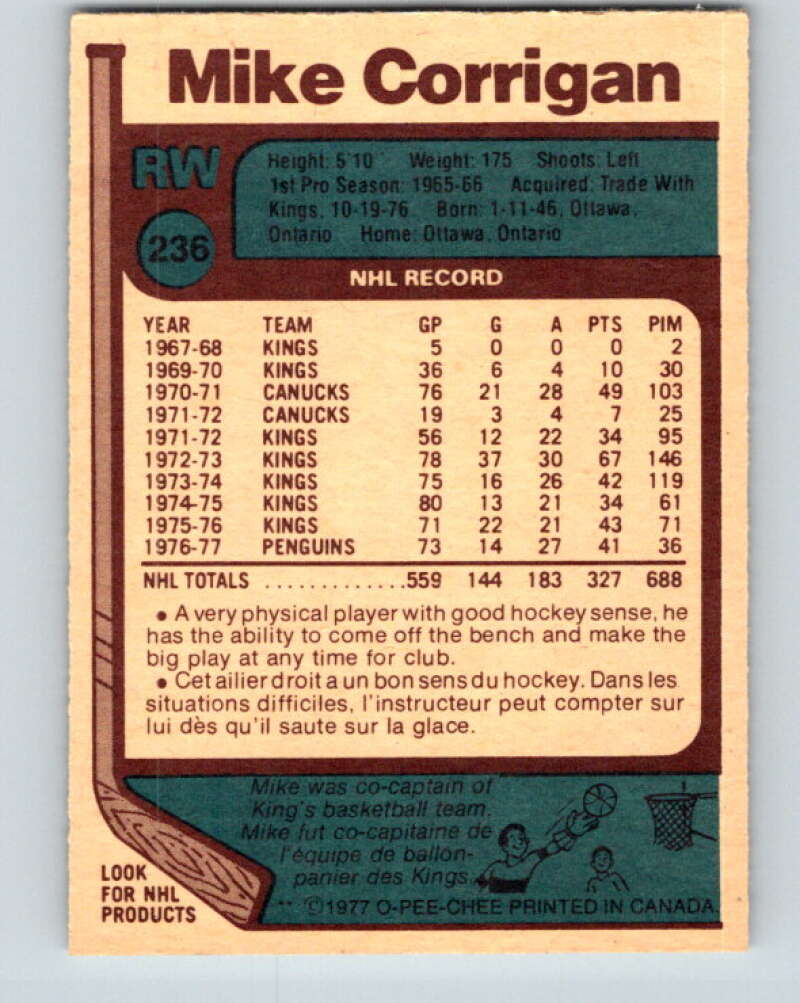 1977-78 O-Pee-Chee #236 Mike Corrigan Pittsburgh Penguins V14612
