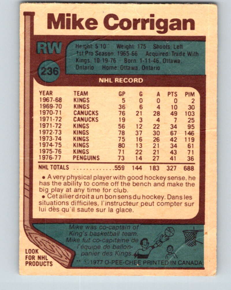 1977-78 O-Pee-Chee #236 Mike Corrigan Pittsburgh Penguins V14617