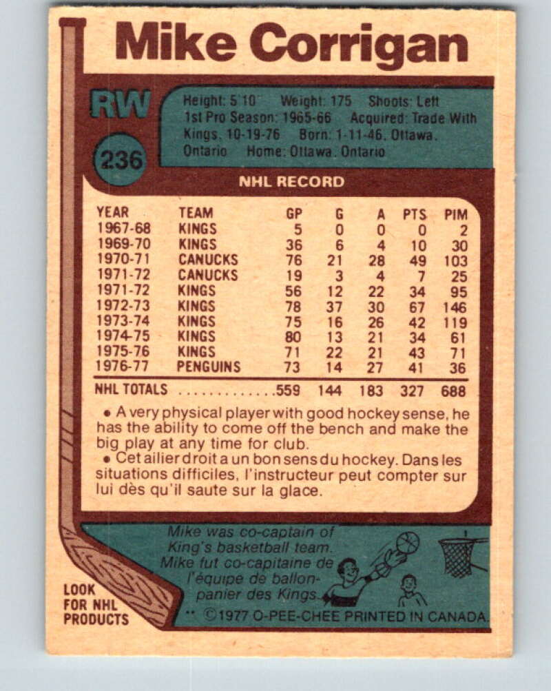 1977-78 O-Pee-Chee #236 Mike Corrigan Pittsburgh Penguins V14618