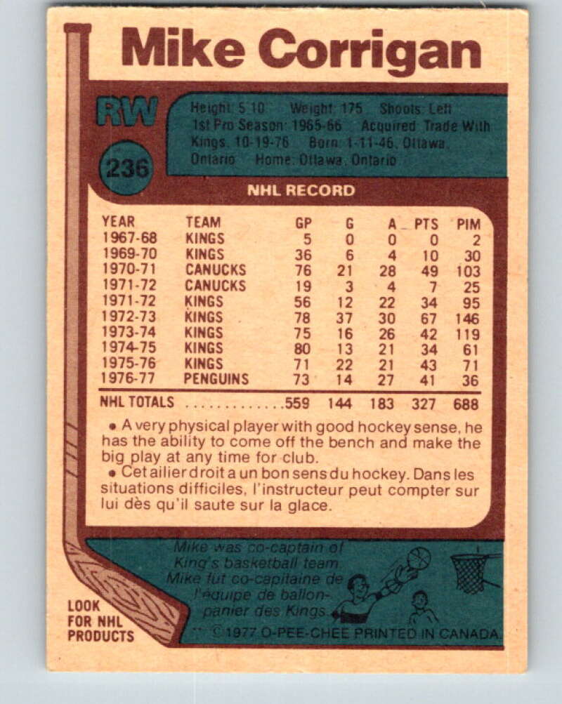 1977-78 O-Pee-Chee #236 Mike Corrigan Pittsburgh Penguins V14619