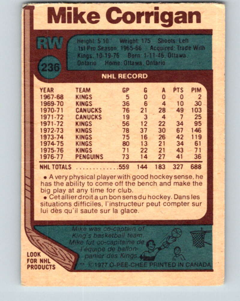 1977-78 O-Pee-Chee #236 Mike Corrigan Pittsburgh Penguins V14620