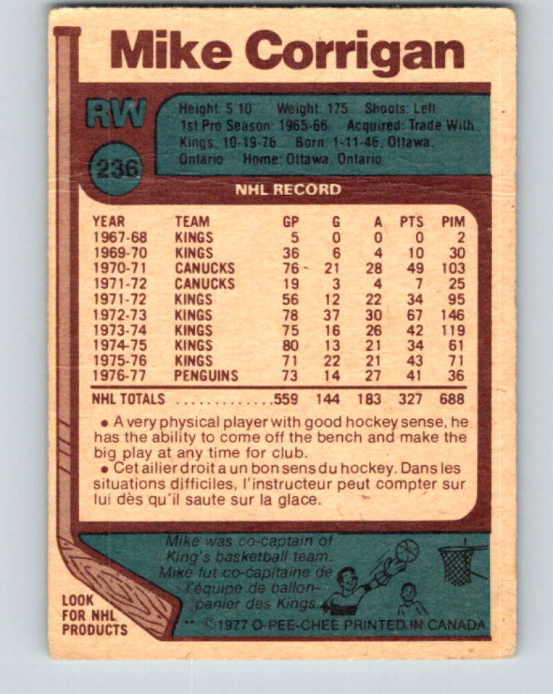 1977-78 O-Pee-Chee #236 Mike Corrigan Pittsburgh Penguins V14621
