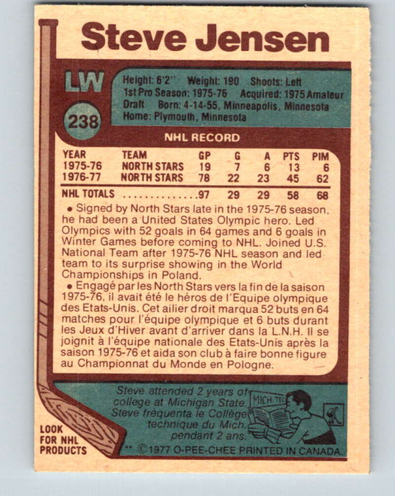 1977-78 O-Pee-Chee #238 Steve Jensen RC Rookie Minnesota North Stars V14628