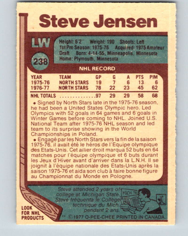 1977-78 O-Pee-Chee #238 Steve Jensen RC Rookie Minnesota North Stars V14629