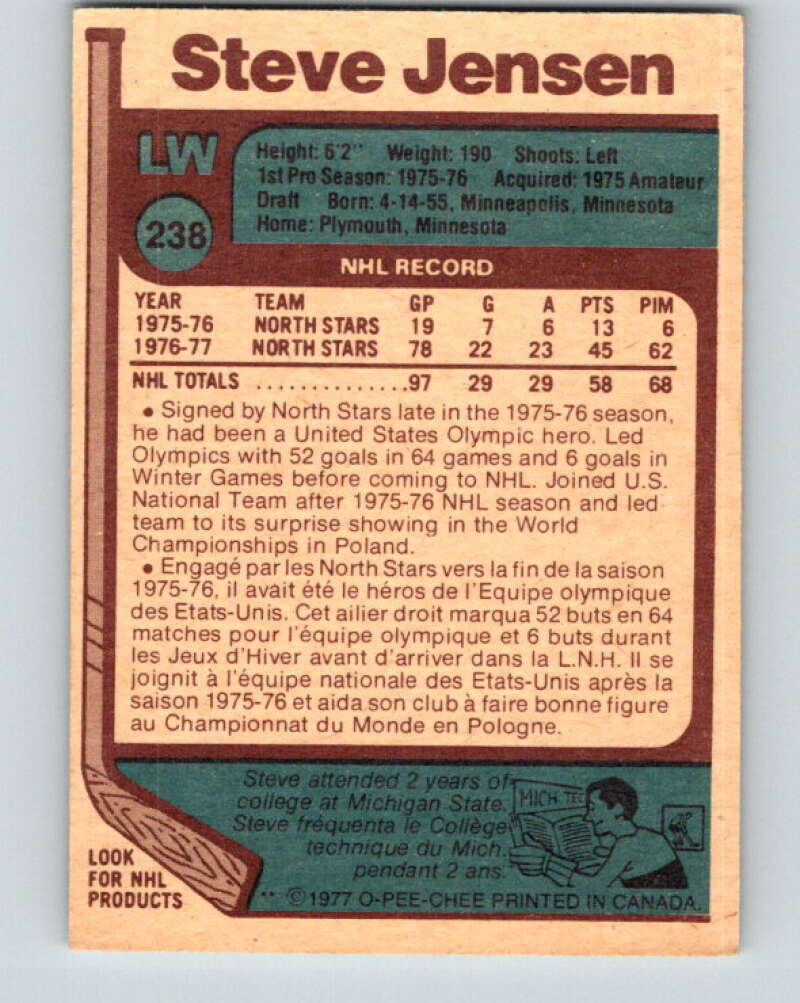 1977-78 O-Pee-Chee #238 Steve Jensen RC Rookie Minnesota North Stars V14630