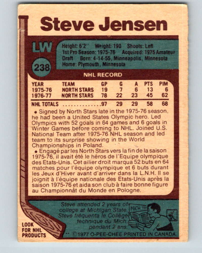 1977-78 O-Pee-Chee #238 Steve Jensen RC Rookie Minnesota North Stars V14631