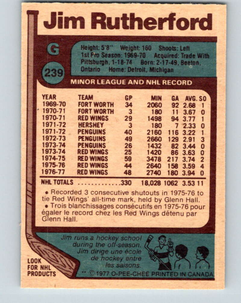 1977-78 O-Pee-Chee #239 Jim Rutherford Detroit Red Wings V14632