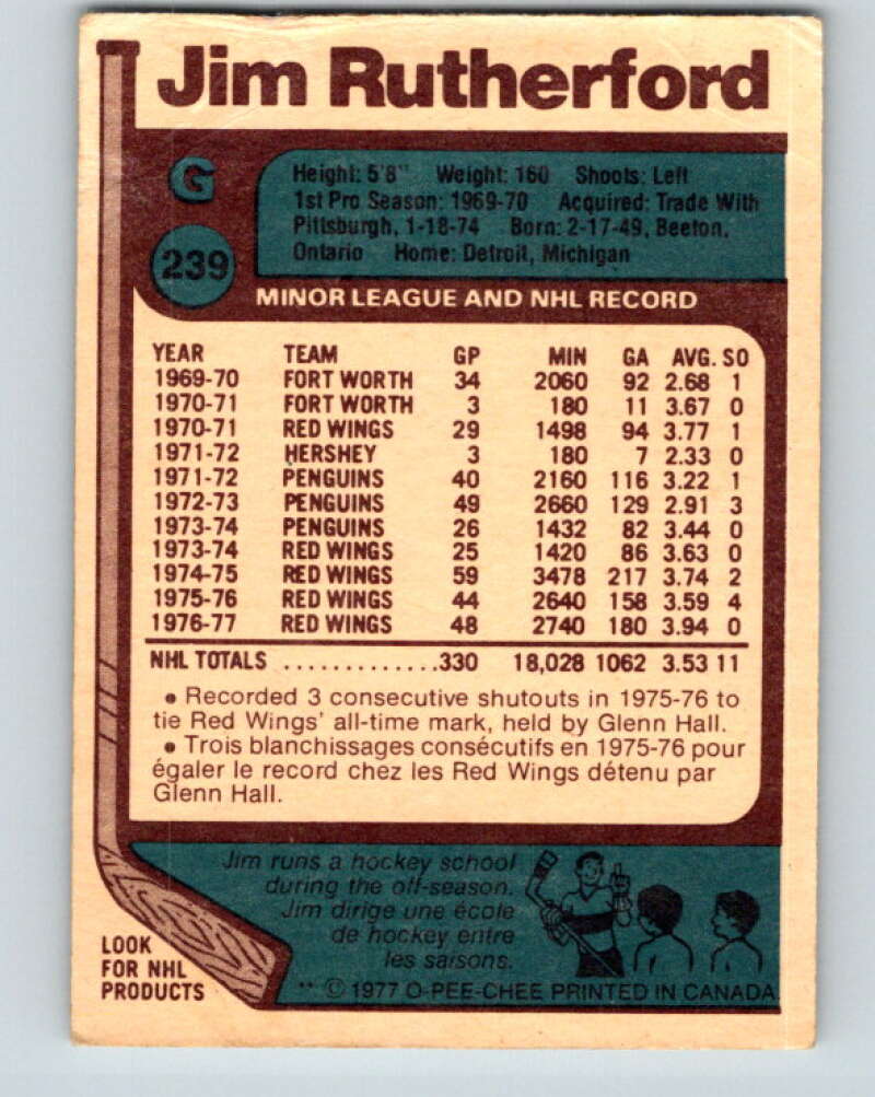 1977-78 O-Pee-Chee #239 Jim Rutherford Detroit Red Wings V14633