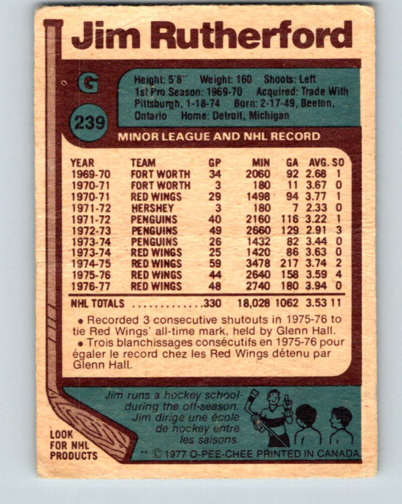 1977-78 O-Pee-Chee #239 Jim Rutherford Detroit Red Wings V14636
