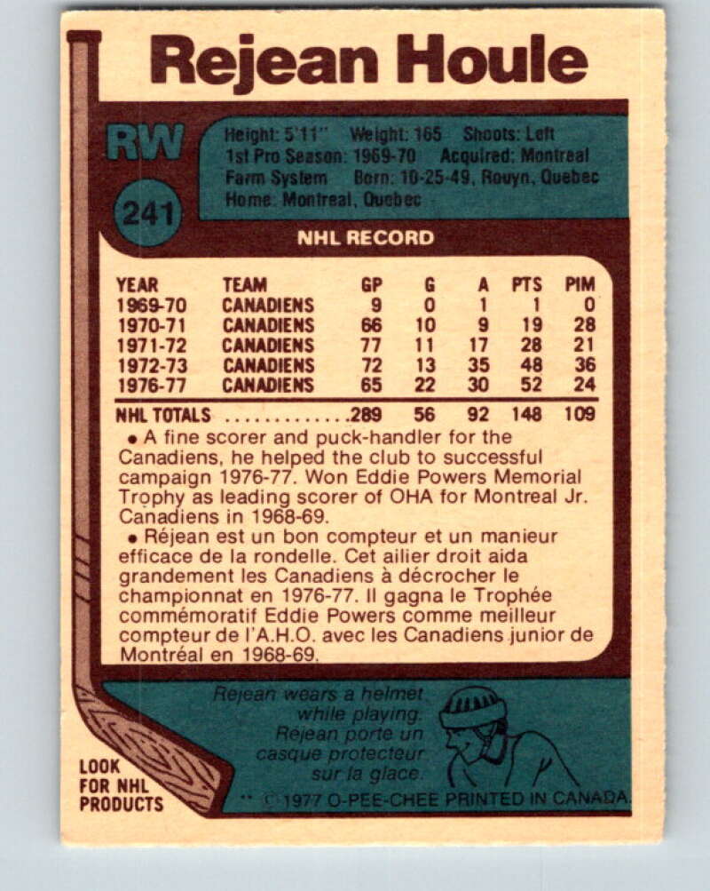 1977-78 O-Pee-Chee #241 Rejean Houle Montreal Canadiens V14650