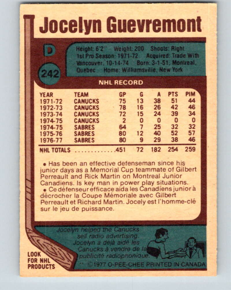 1977-78 O-Pee-Chee #242 Jocelyn Guevremont Buffalo Sabres V14661