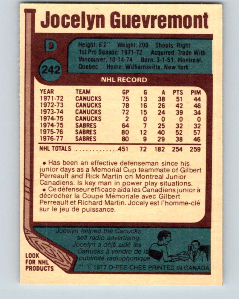 1977-78 O-Pee-Chee #242 Jocelyn Guevremont Buffalo Sabres V14662