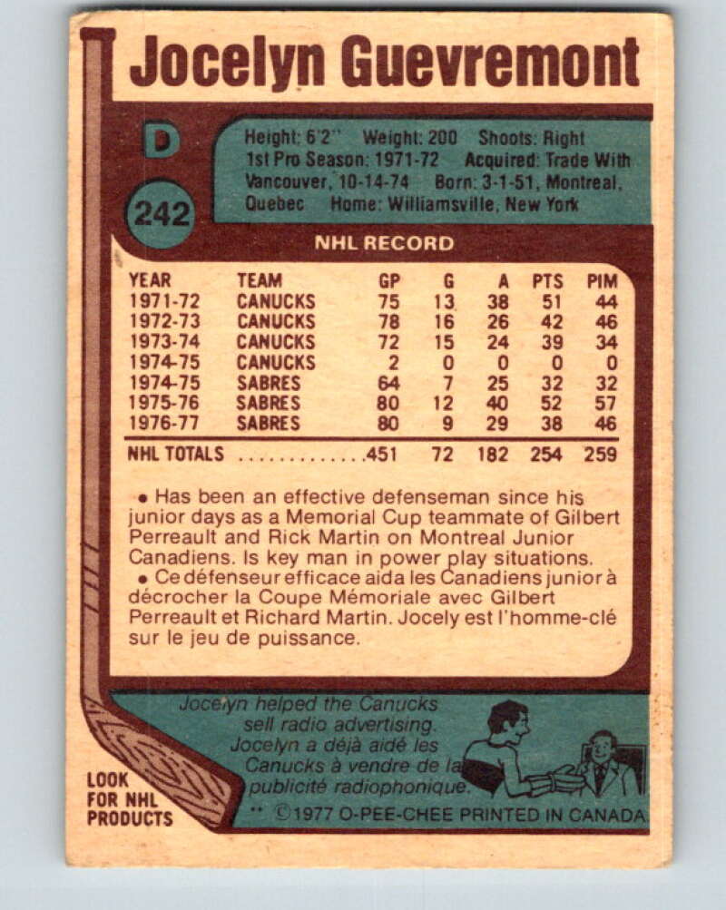 1977-78 O-Pee-Chee #242 Jocelyn Guevremont Buffalo Sabres V14665