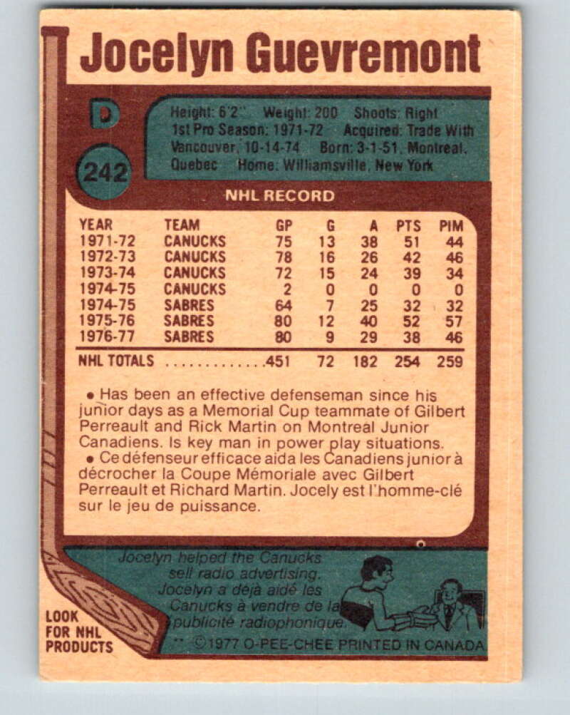 1977-78 O-Pee-Chee #242 Jocelyn Guevremont Buffalo Sabres V14666