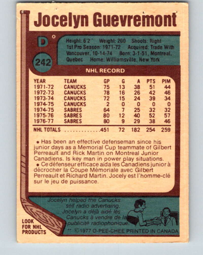 1977-78 O-Pee-Chee #242 Jocelyn Guevremont Buffalo Sabres V14668
