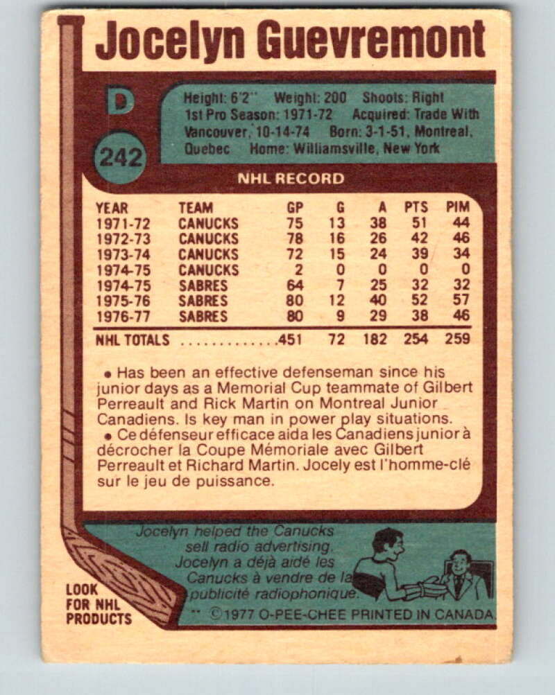 1977-78 O-Pee-Chee #242 Jocelyn Guevremont Buffalo Sabres V14669
