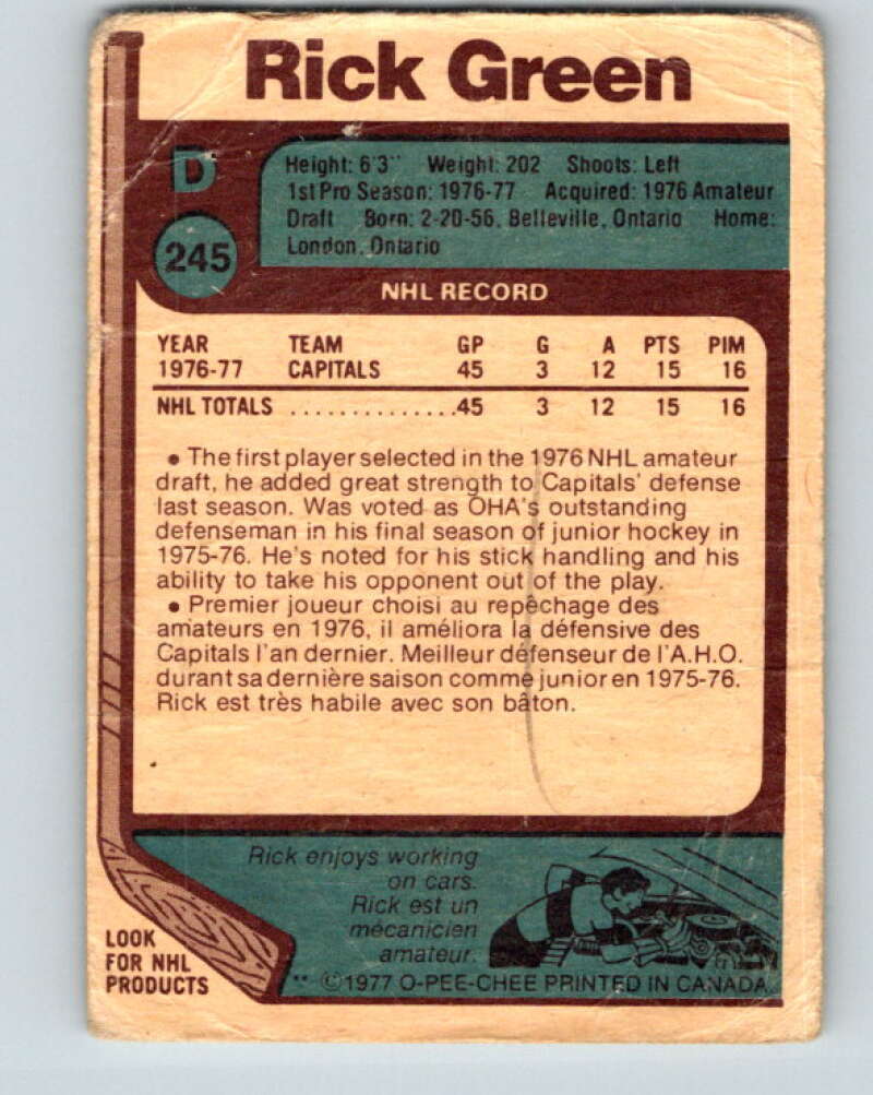 1977-78 O-Pee-Chee #245 Rick Green RC Rookie Washington Capitals V14686