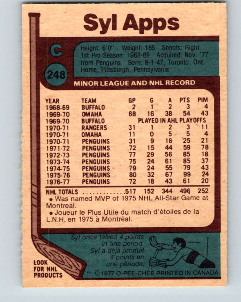 1977-78 O-Pee-Chee #248 Syl Apps Jr. Los Angeles Kings V14702