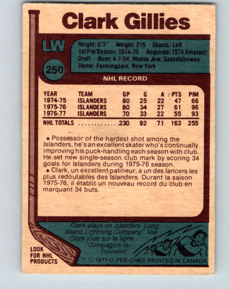 1977-78 O-Pee-Chee #250 Clark Gillies New York Islanders V14709