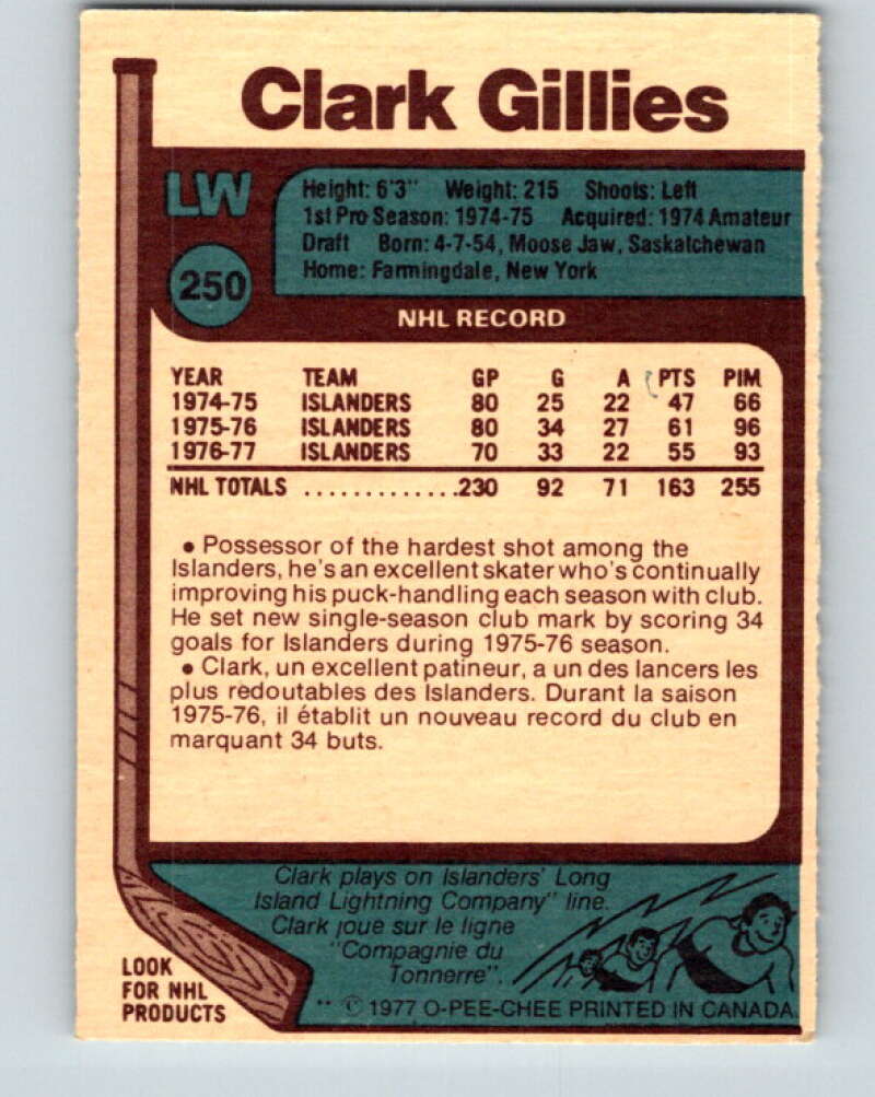 1977-78 O-Pee-Chee #250 Clark Gillies New York Islanders V14710